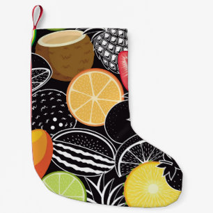 Meia De Natal Pequena Frutas tropicais coloridas, fundo preto.
