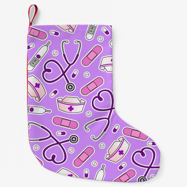 Meia De Natal Pequena Fundo do roxo do impressão do amor da enfermeira (Frente)