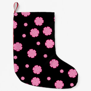 Meia De Natal Pequena Fundo escuro, flores rosa estilizadas e brilhantes