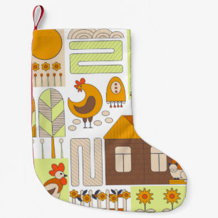 Meia De Natal Pequena Galo e duas galinhas, ovos, flores, casa, gaveta