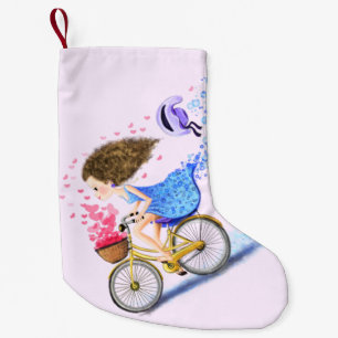 Meia De Natal Pequena Garota Feliz Em Uma Bicicleta - Corações Românt