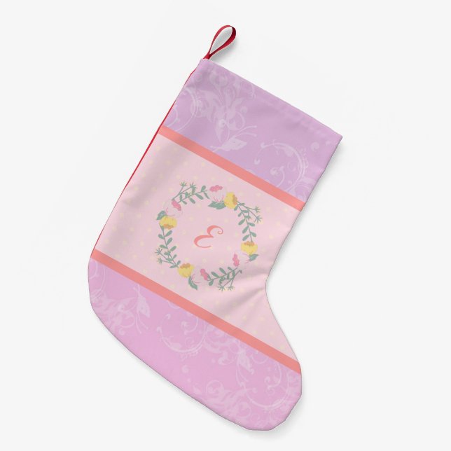 Meia De Natal Pequena Garota Pastel Rosa e Lavanda Floral Monograma Kid (Frente (Pendurada))