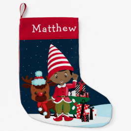 Meia De Natal Pequena Garoto de Elfo Negro com Rudolph