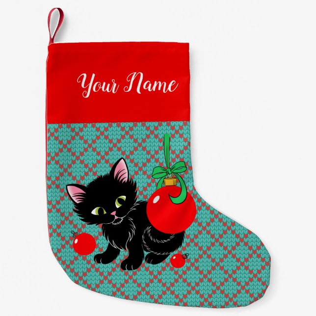 Meia De Natal Pequena Gatinho Preto Bonito Personalizado (Frente)