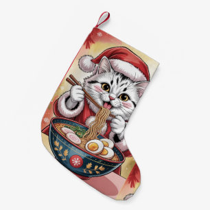Meia De Natal Pequena Gato Adorável Comendo Macarrão Ramen com Chapéu de