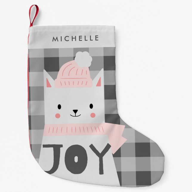 Meia De Natal Pequena Gato, alegria, inverno, personalizado (Frente)