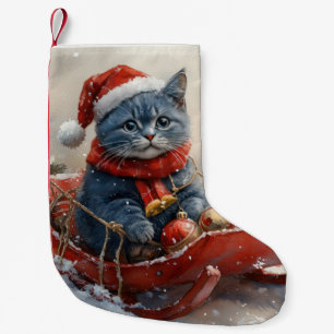 Meia De Natal Pequena Gato Azul Oriental em Trenó Deixe Nevar Natal 