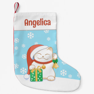 Meia De Natal Pequena Gato de Natal Branco num Chapéu Vermelho