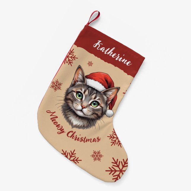 Meia De Natal Pequena Gato de Natal Fofo Personalizado com Chapéu de Pap (Frente (Pendurada))