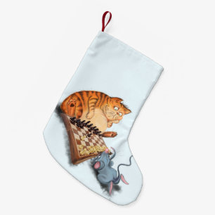 Meia De Natal Pequena Gato e Rato Tocando Cartoon de Xadrez Engraçando