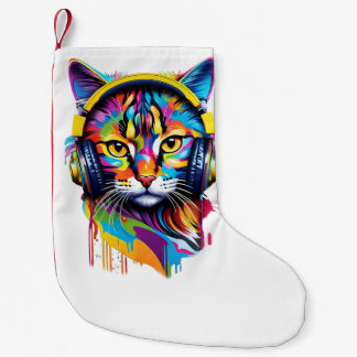 Meia De Natal Pequena Gato em fones de ouvido