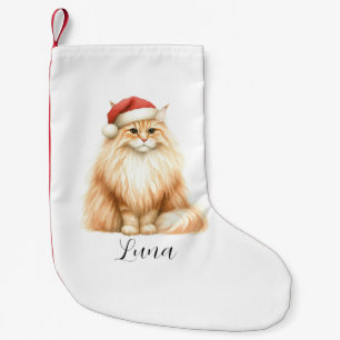 Meia De Natal Pequena Gato Laranja de Aquarela em Santa Hat