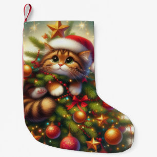 Meia De Natal Pequena Gato malicioso e bonito na árvore de Natal