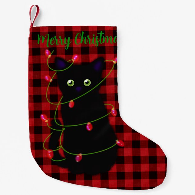 Meia De Natal Pequena Gato negro | Meowy Christmas | luz estrelada (Frente)