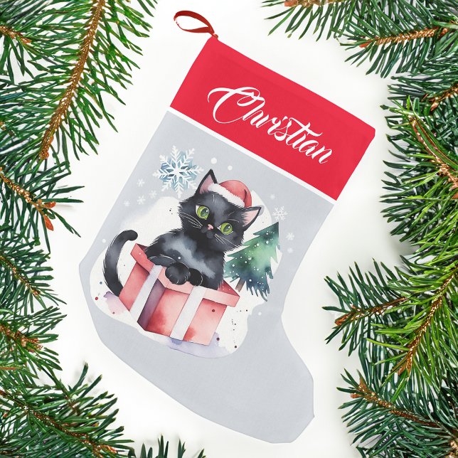 Meia De Natal Pequena Gato numa caixa de presentes de Natal pessoas de g (Cat in a gift box Christmas stocking personalized name Christmas gifts for cat lovers)