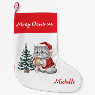 Meia De Natal Pequena Gato personalizado com chapéu de Papai Noel Árvore