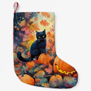 Meia De Natal Pequena Gato Preto de Halloween com Abóboras Assustador