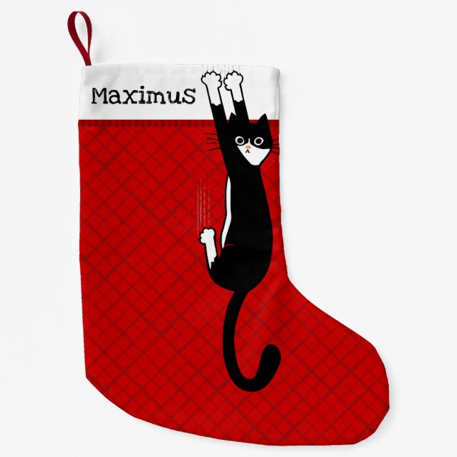 Meia De Natal Pequena Gato Preto e Branco | Feriado de Gato Tuxedo Engra (Frente)