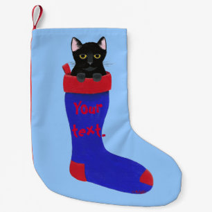 Meia De Natal Pequena Gato preto na meia vermelha e azul do Natal