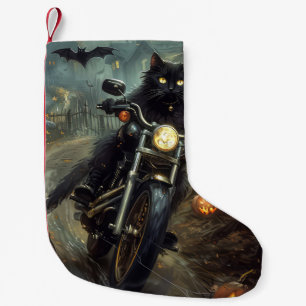 Meia De Natal Pequena Gato Preto Pilotando Moto Halloween Assustador