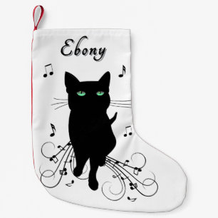 Meia De Natal Pequena Gato Preto Rodeado por Notas Musicais Sussurrantes