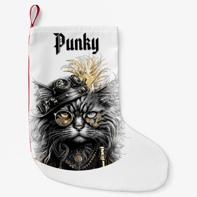 Meia De Natal Pequena Gato Steampunk Incrível com Nome (Frente)