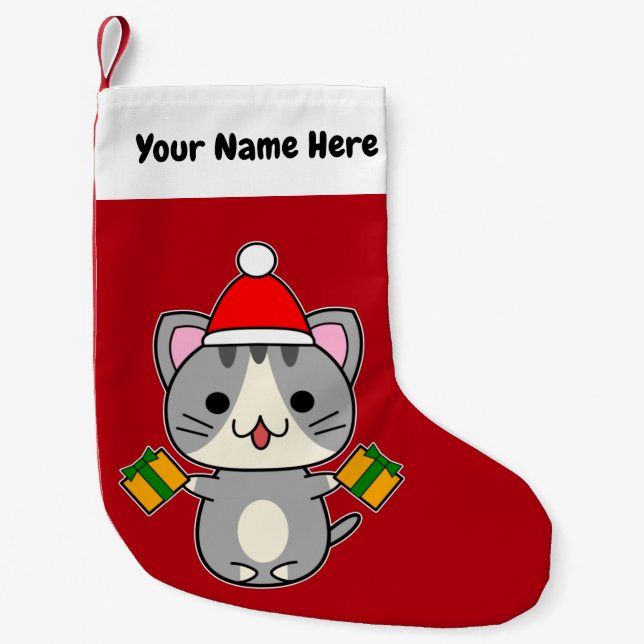 Meia De Natal Pequena Gato Tabby Cinza de Natal (Frente)