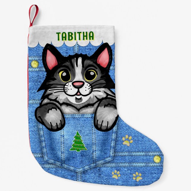 Meia De Natal Pequena Gato Tuxedo no bolso Faux Denim com nome personali (Frente)