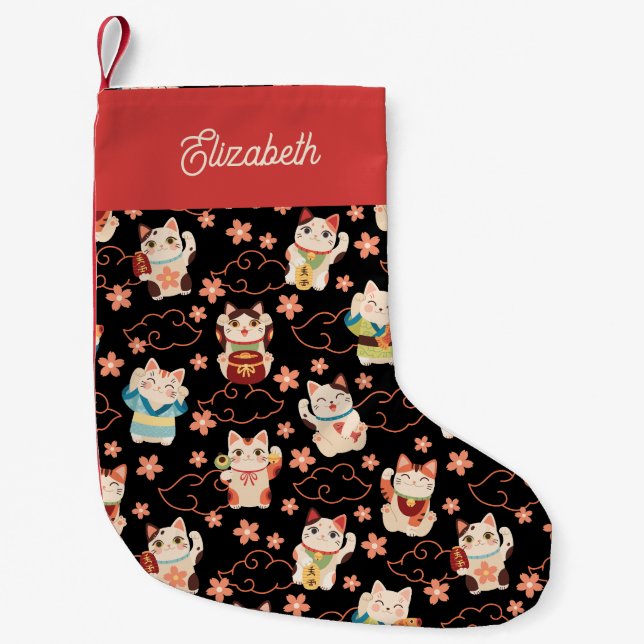 Meia De Natal Pequena Gatos da Sorte Maneki Neko Personalizados  (Frente)
