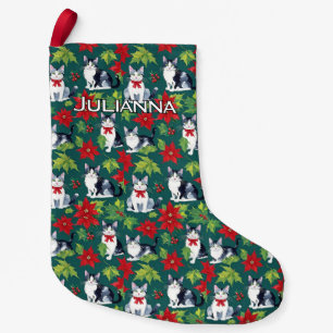 Meia De Natal Pequena Gatos de Natal e Poinsettias