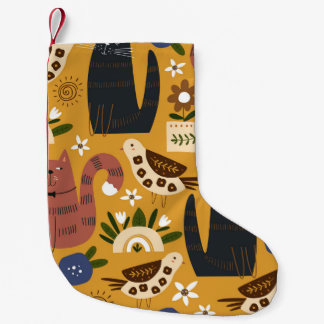 Meia De Natal Pequena Gatos e Pássaros Vintage, Desenhados à Mão.