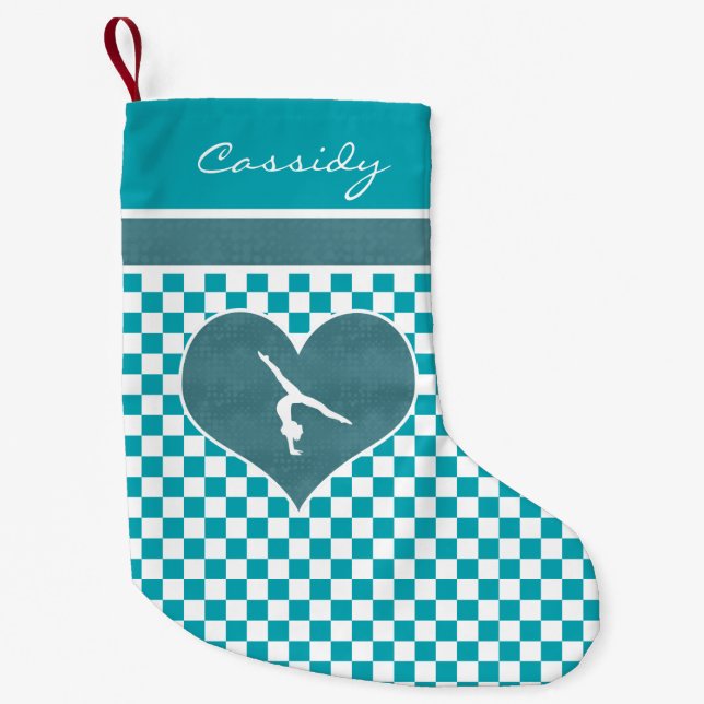 Meia De Natal Pequena Ginástica Checkered verde da cerceta com monograma (Frente)