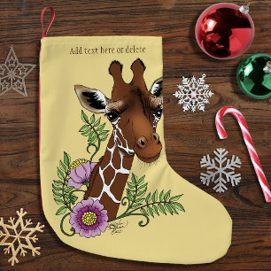 Meia De Natal Pequena Girafa Flores Amarelas Fofo Vida Selvagem