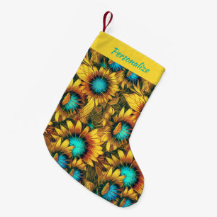Meia De Natal Pequena Girassóis Florais Dourados Abstratos em Verde Azul