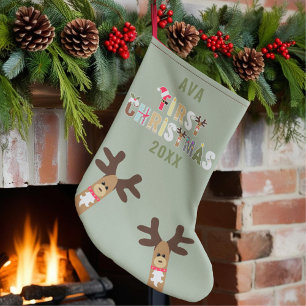 Meia De Natal Pequena Girls Cute Reindeer Green Primeiro Natal Stocks