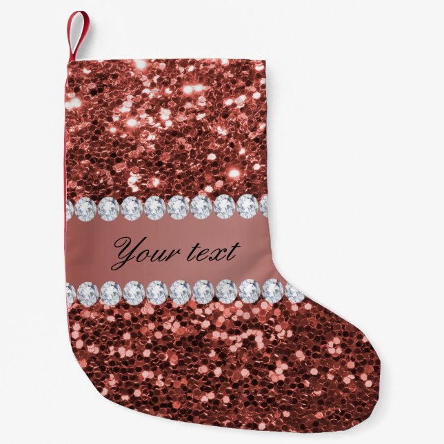 Meia De Natal Pequena Glitter de Faux Dourado Rosa e Diamantes Personali (Frente)