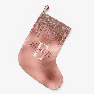 Meia De Natal Pequena Glitter Dourado com Rosa monograma