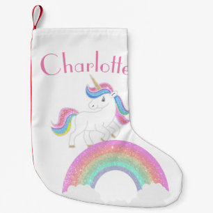 Meia De Natal Pequena Glitter Rainbow Unicorn com Nome Personalizado
