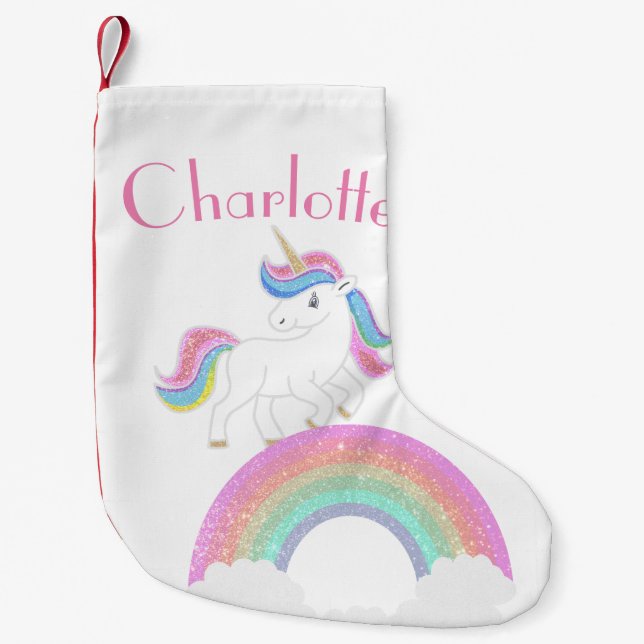 Meia De Natal Pequena Glitter Rainbow Unicorn com Nome Personalizado (Frente)