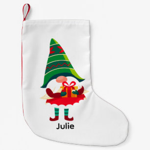 Meia De Natal Pequena Gnomo de Natal personalizado segurando uma caixa d