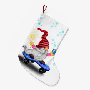 Meia De Natal Pequena Gnomo do Skater de Natal com Presente