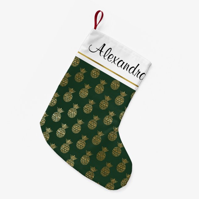 Meia De Natal Pequena Gold Foil e Green Hawaiai Tropical Ananás (Frente (Pendurada))