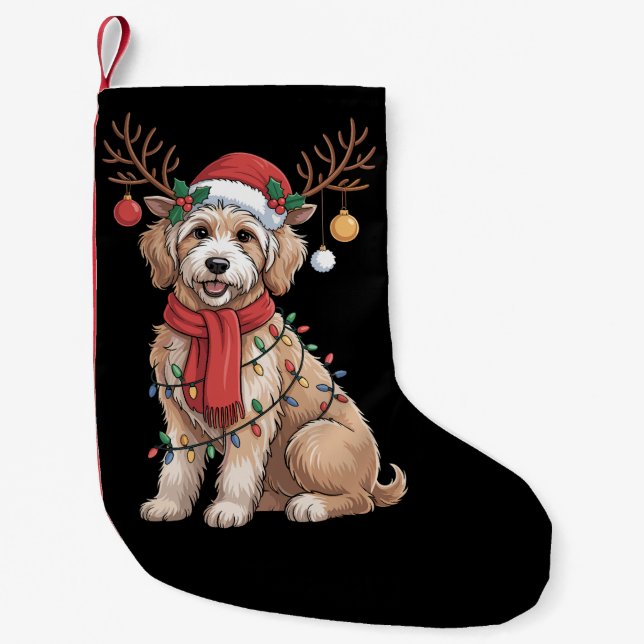 Meia De Natal Pequena Golden Doodle Gorgeous Reindeer Christmas Tree  (Frente)