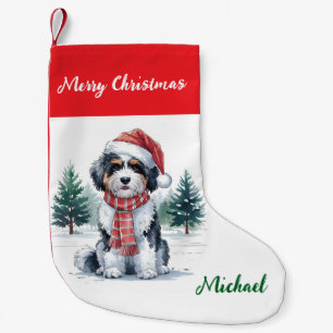 Meia De Natal Pequena Goldendoodle Personalizado com Chapéu de Papai Noe