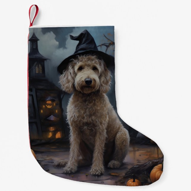 Meia De Natal Pequena Goldendoodle Pumpkins Halloween Assustado (Frente)