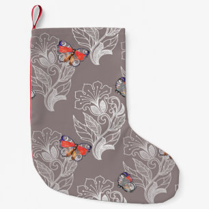 Meia De Natal Pequena Gráfico de flores e borboletas, aquarela, padrão 