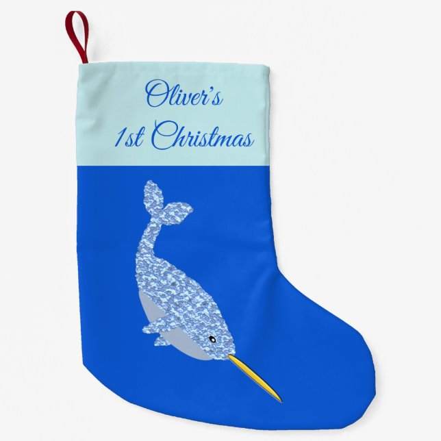 Meia De Natal Pequena Grafo Azul Menino Narwhal Personalizado 1rua Natal (Frente)