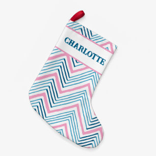 Meia De Natal Pequena Grande Chevron Zag em Rosa + Aqua Personalizado