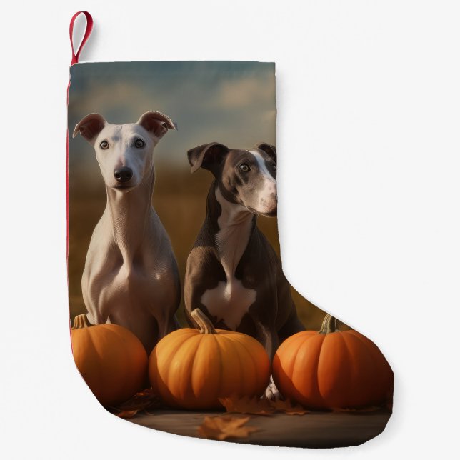 Meia De Natal Pequena Greyhound Puppy Autumn Delight Pumpkin (Frente)