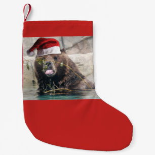Meia De Natal Pequena Grizzly Bear Santa Claus